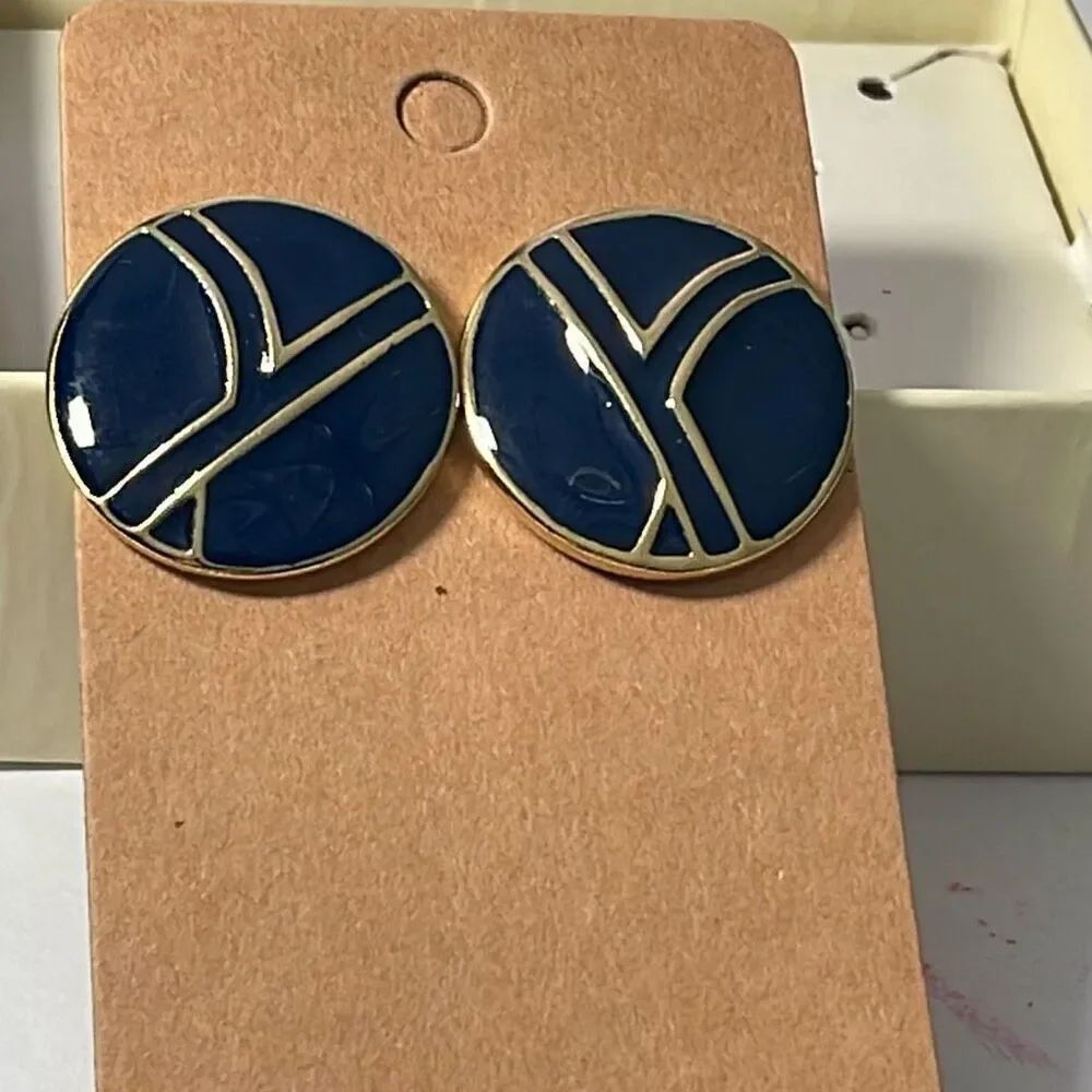 Vintage Trifari blue enamel semi dome earrings.